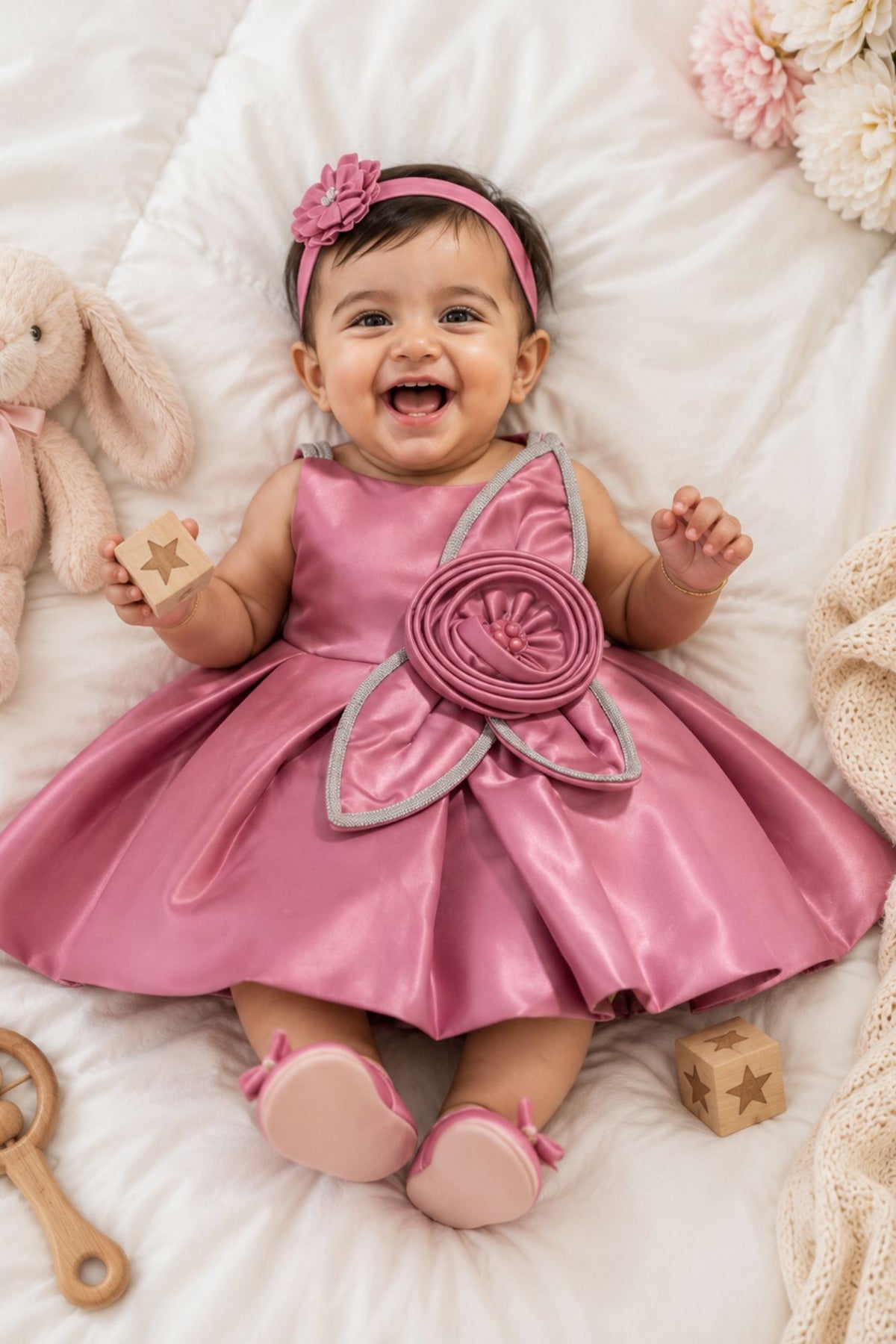 Pink Party Frock with Floral Rosette and Embellished Strap Detailing For Girls