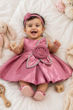 Pink Party Frock with Floral Rosette and Embellished Strap Detailing For Girls