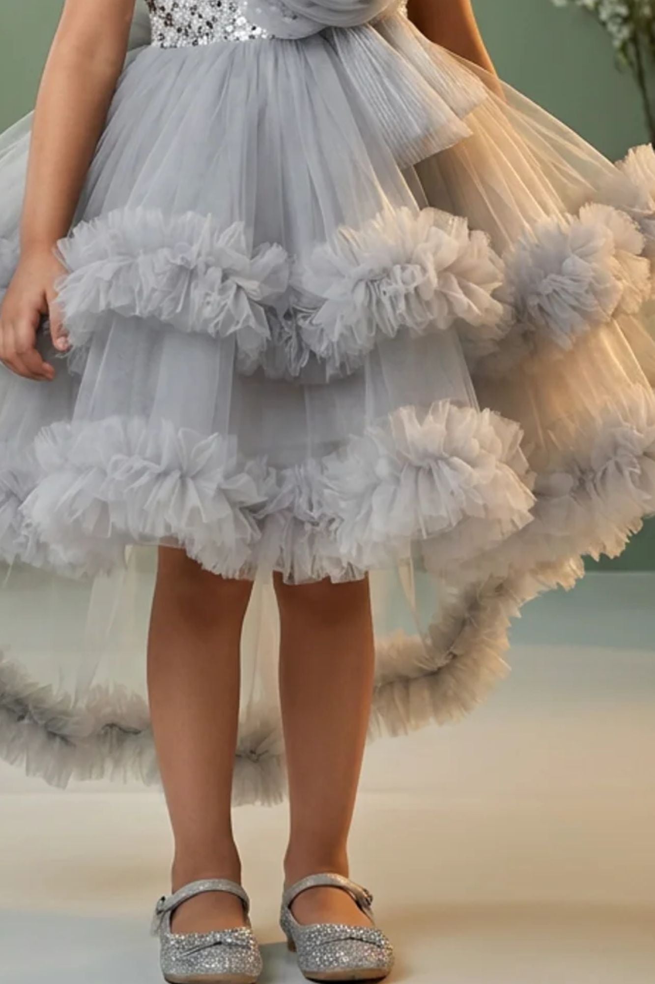 Girls Grey Sequin Embellished Party Frock with Tulle Layers and Floral Detail