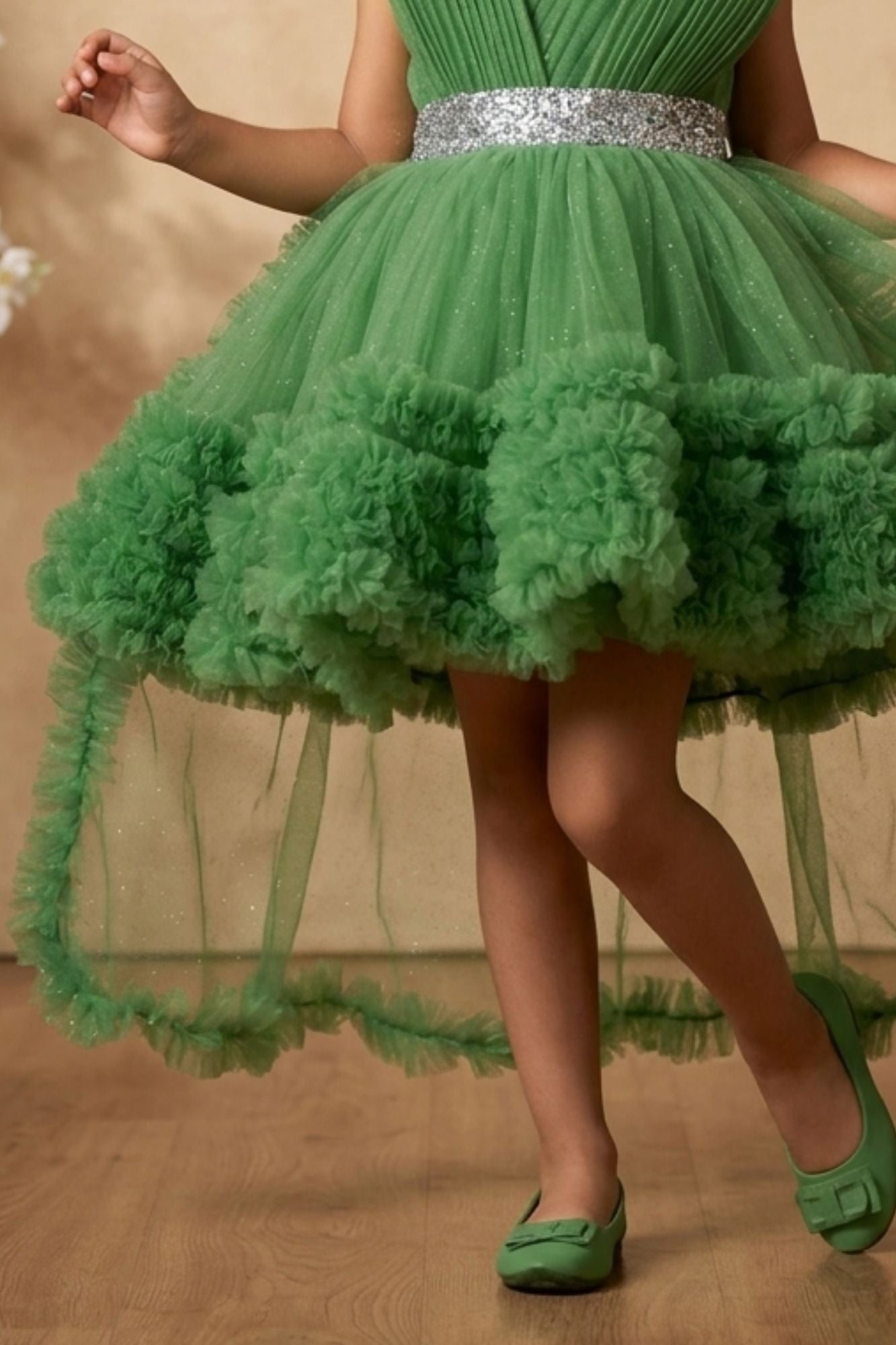 Green Ruffle Party Frock With Bow Embellishment For Girls