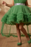 Green Ruffle Party Frock With Bow Embellishment For Girls