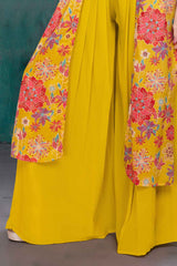 Yellow Floral Printed And Sequined Palazzo Set With Overcoat For Girls