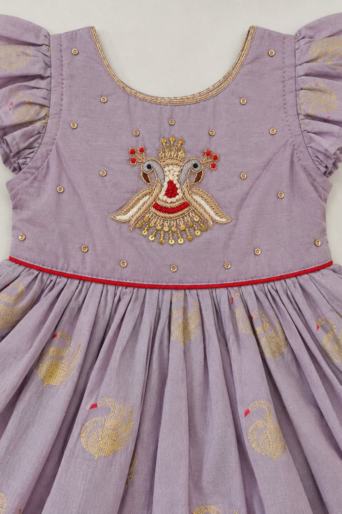 Lilac Swan Embroidered Ruffle Sleeve Flared Dress For Girls