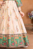 Designer Beige And Green Floral Printed Ethnic Gown With Multicolor Borders For Girls