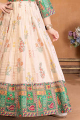 Designer Beige And Green Floral Printed Ethnic Gown With Multicolor Borders For Girls