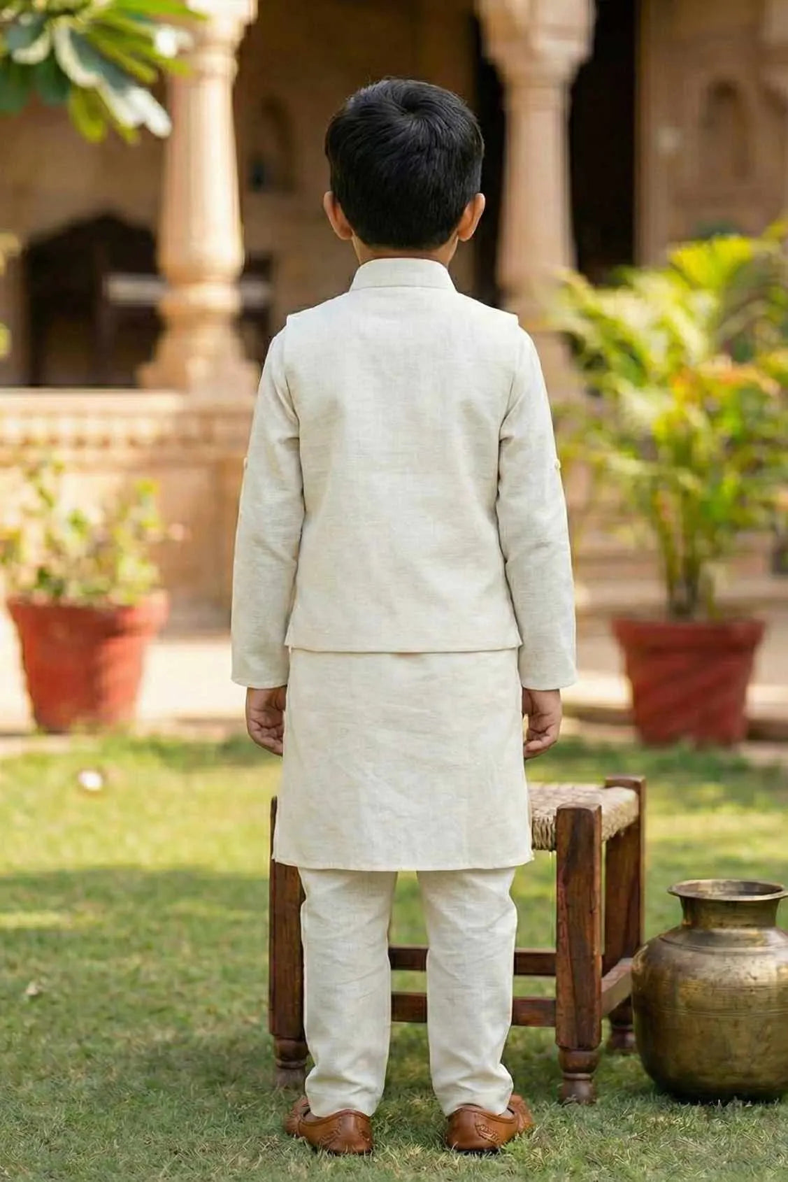 White Kurta with Embroidered Waist-coat For Boys
