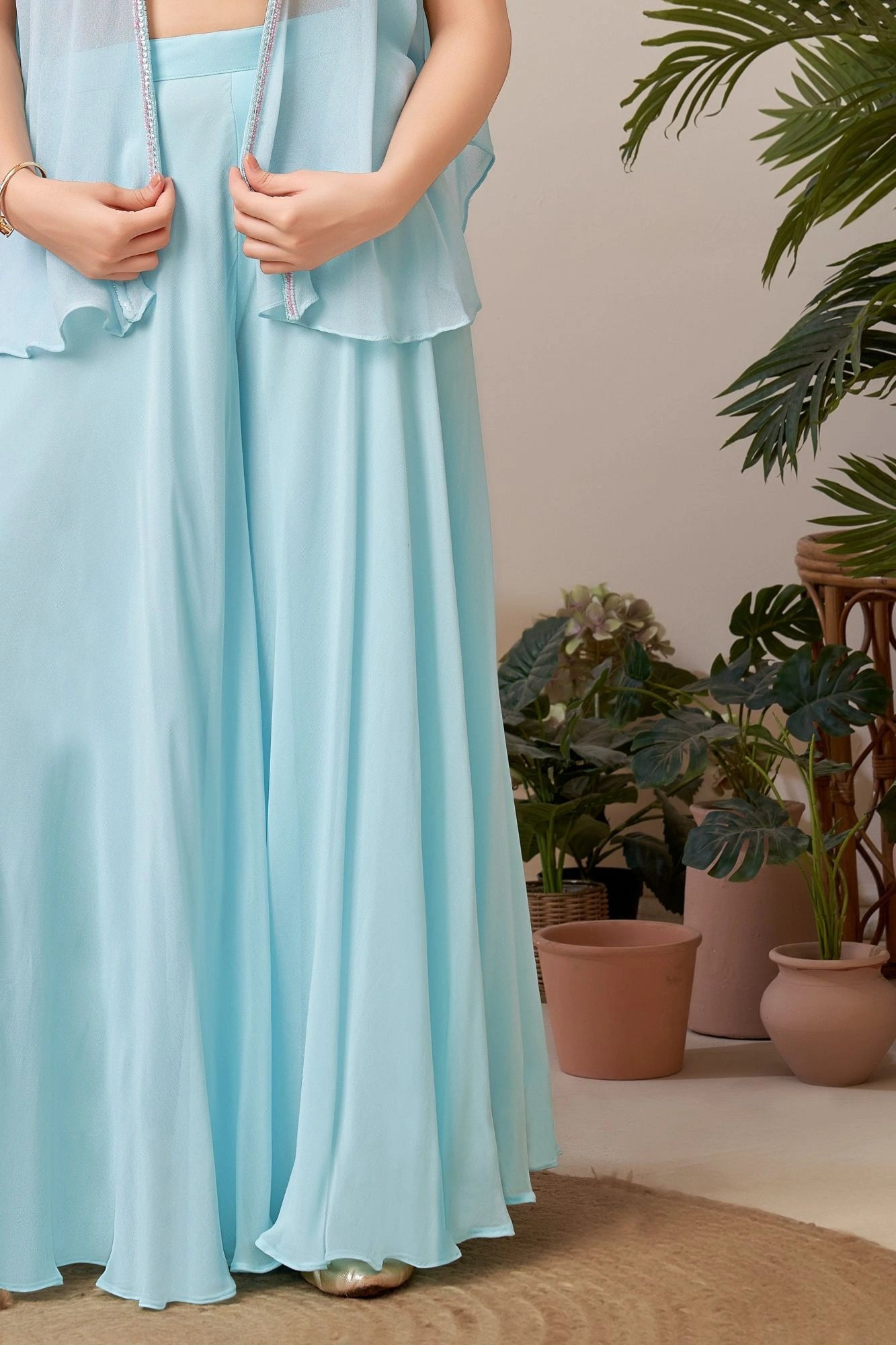 Powder Blue Embroidered Cape Style Palazzo Set