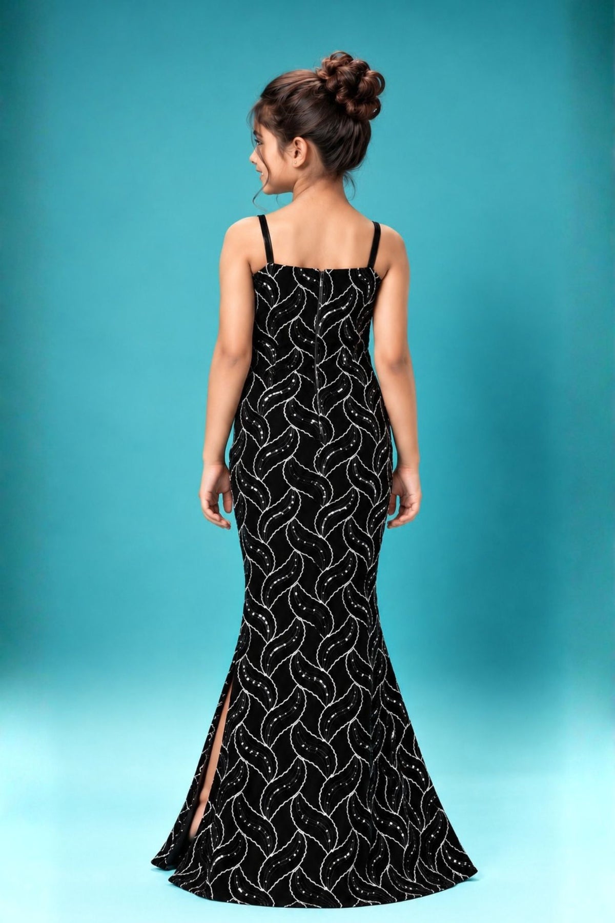 Black and Silver Leaf Sequin Party Wear Gown With 3D Bow Appliqué For Girls