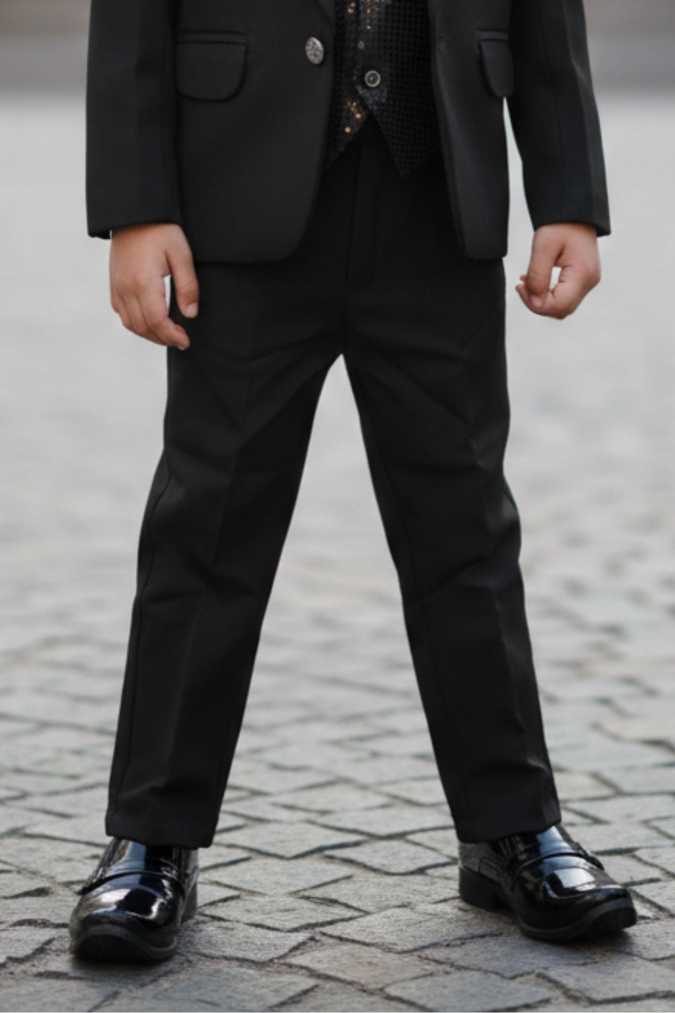 Black Tuxedo With Black Pant And Sequin Waistcoat Set For Boys