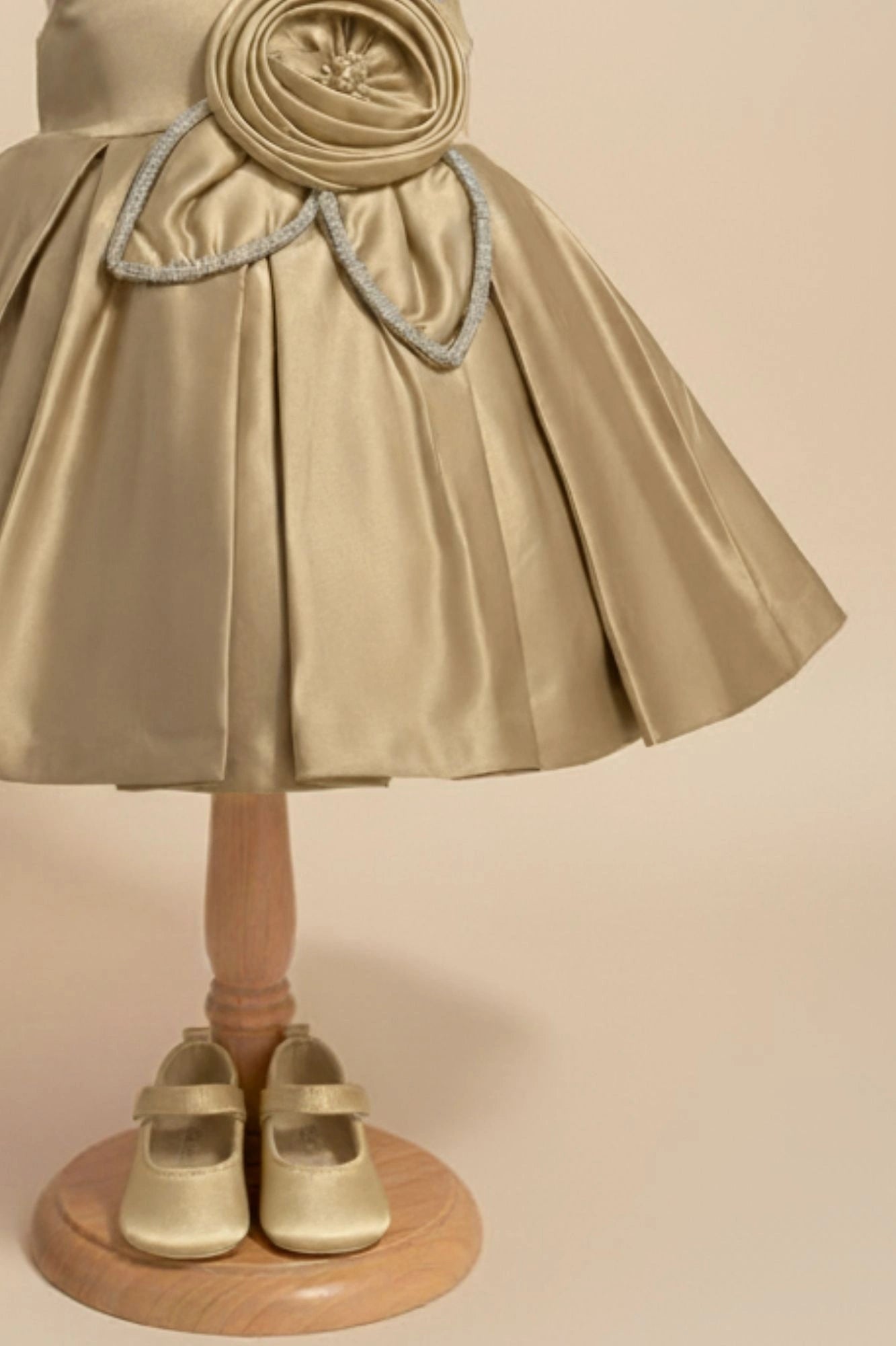 Fawn Party Frock with Floral Rosette and Embellished Strap Detailing For Girls