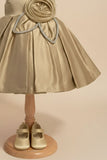 Fawn Party Frock with Floral Rosette and Embellished Strap Detailing For Girls