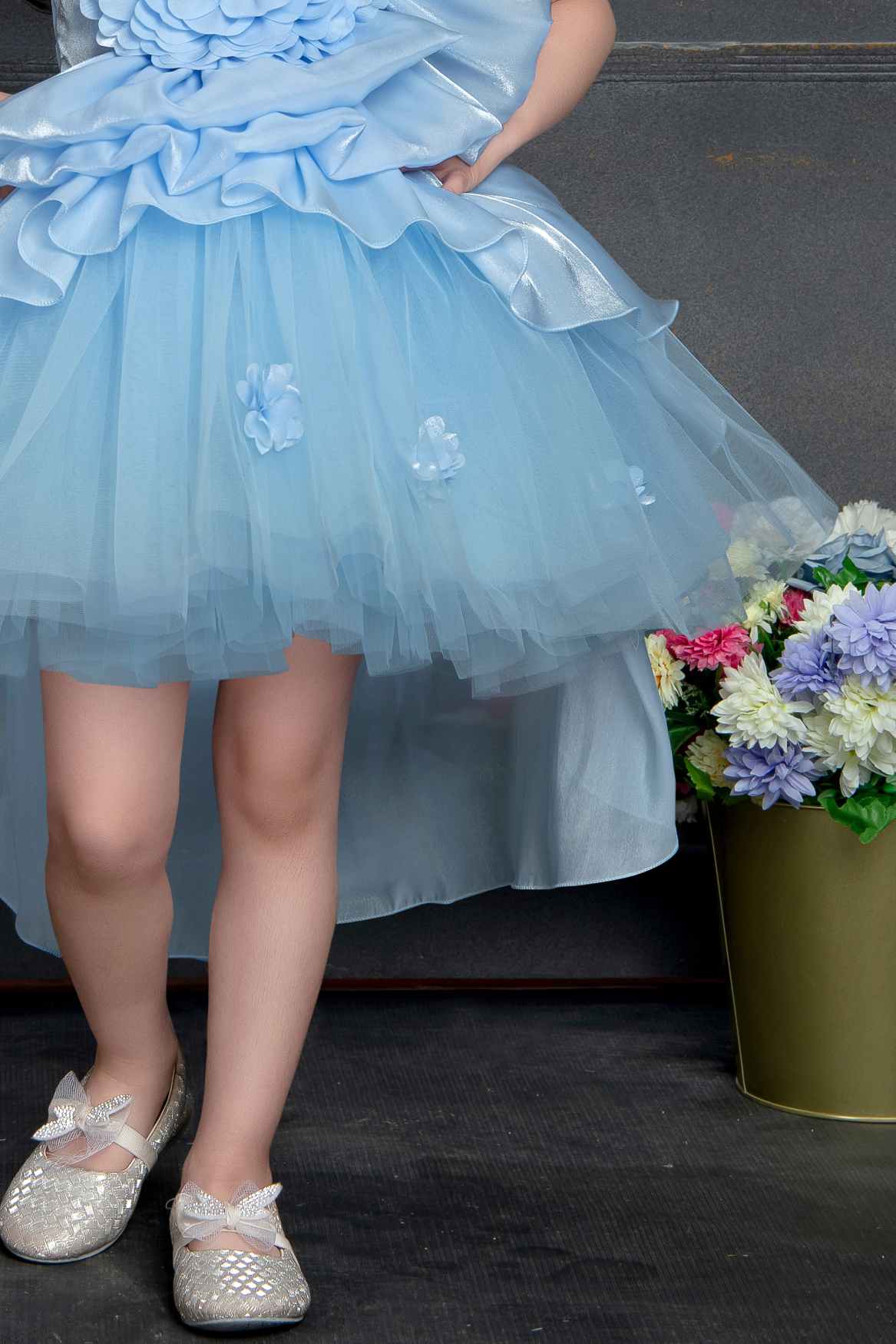 Designer Sky Blue Net Frock With Floral Embellishments For Girls