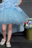 Designer Sky Blue Net Frock With Floral Embellishments For Girls