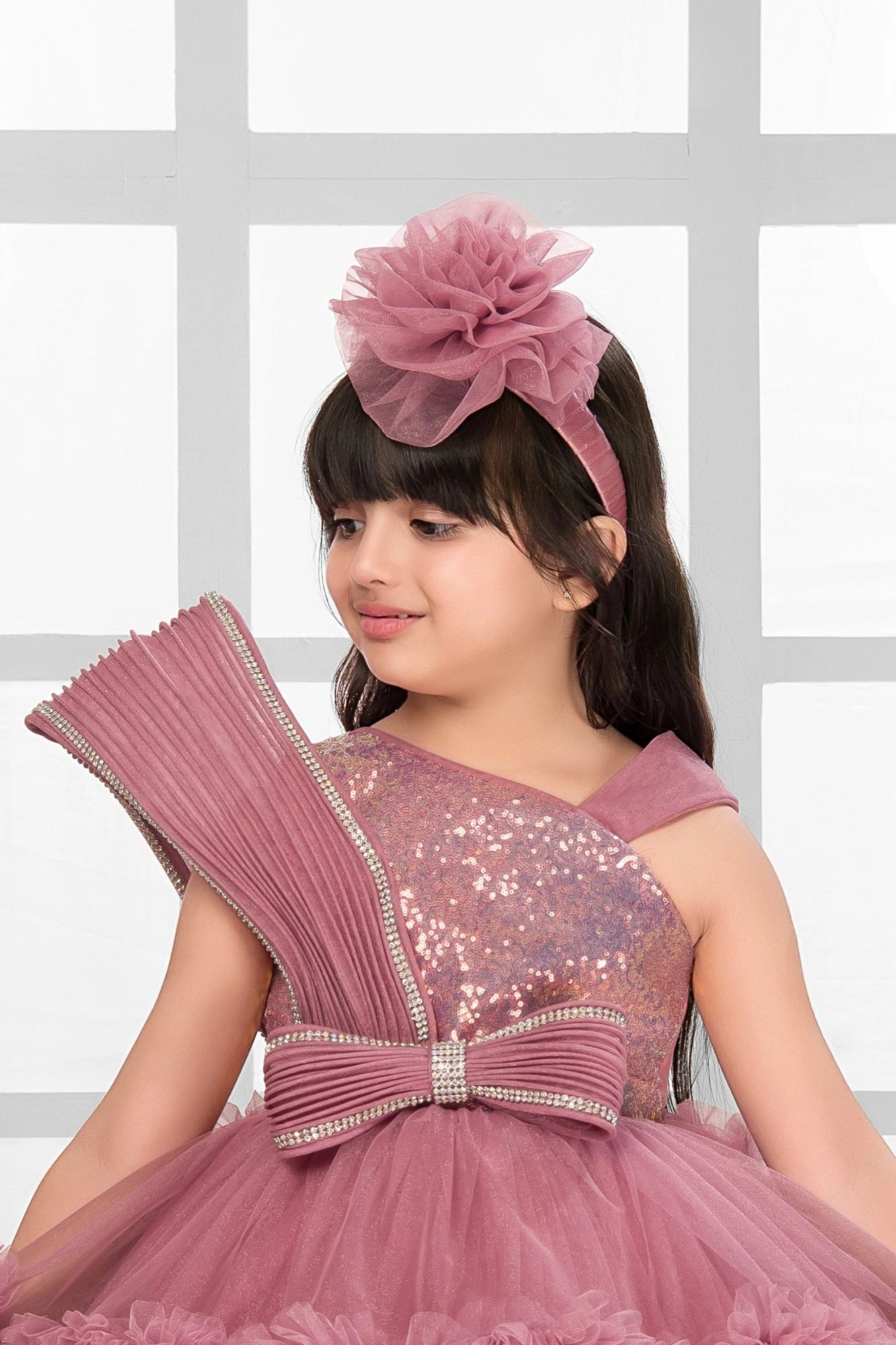 Dusty Rose Party Wear Frock with Sequin Bodice & Ruffled Hemline For Girls