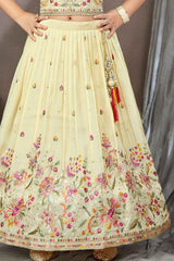 Cream Sequins Work With Bead Work Lehenga Choli With Sling Bag For Girls