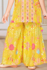 Mustard Sleeveless And Mirror Embroidery With Floral Printed Sharara Set For Girls