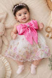 Pink Bow Embellished Party Frock with Floral Embroidery for Girls