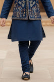 Navy Blue Kurta Pajama with Multicolored Embroidered Nehru Jacket Set For Boys