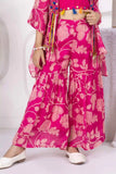 Pink Printed Co-Ord Set With Embellished Overcoat For Girls