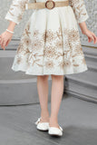 Ivory Floral Embroidered Dress with Waist Band For Girls