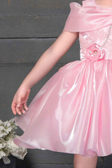 Designer Pink Satin Sequin And Floral Embellished Frock For Girls