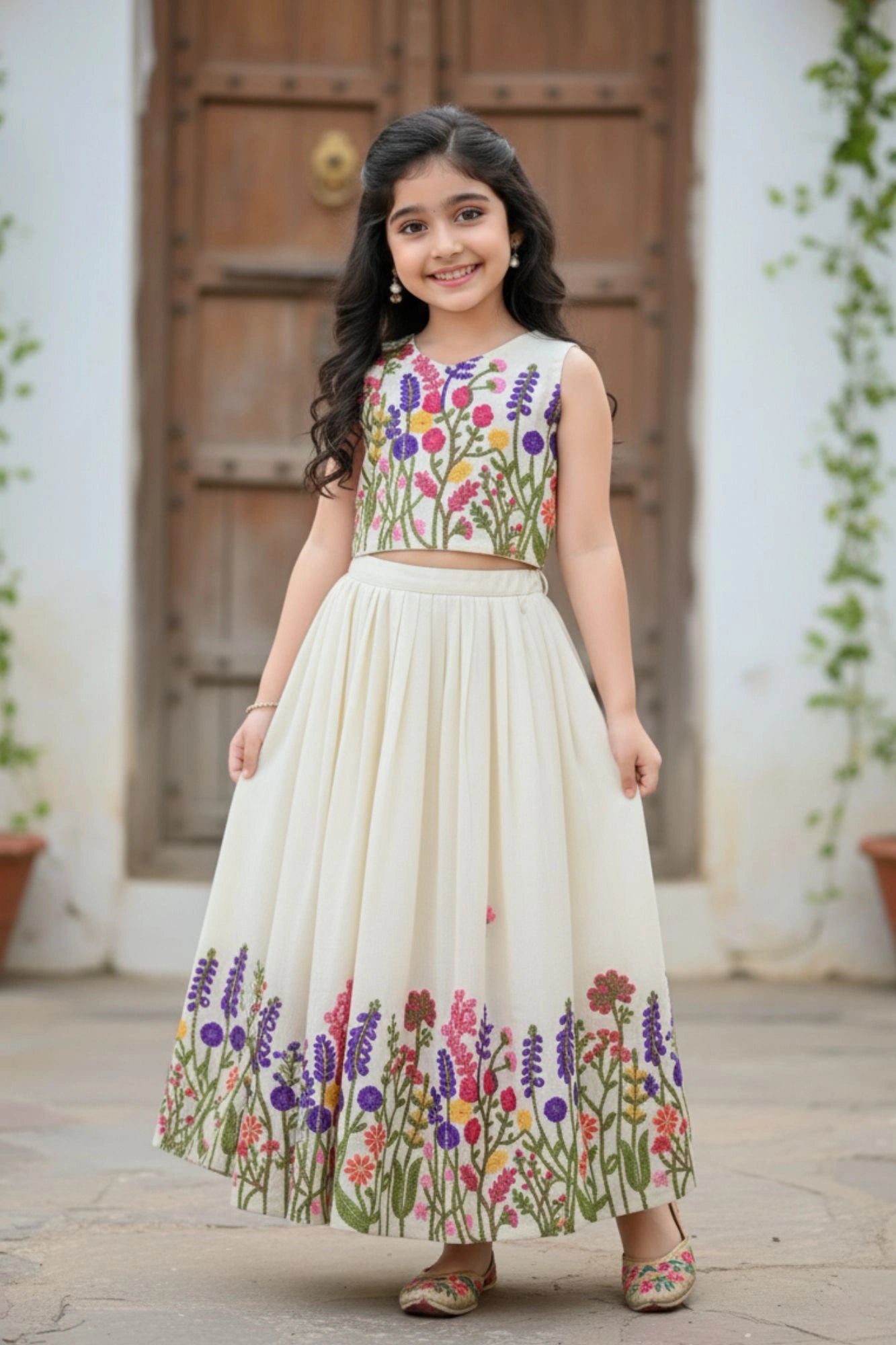 Cream And Multicolor Floral Embroidered Lehenga Choli for Girls