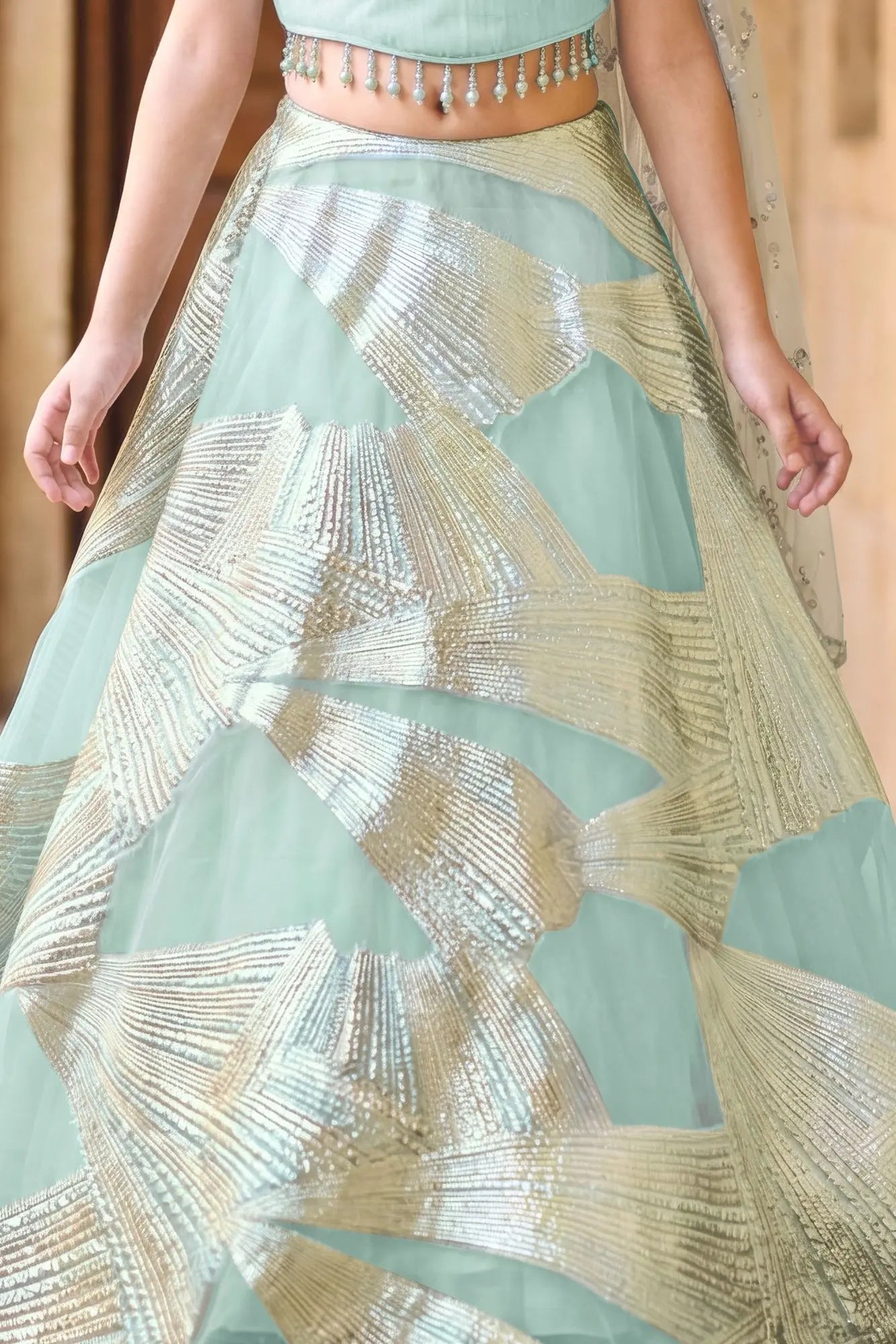 Sky Blue Zari Embroidered Lehenga Choli Set For Girls