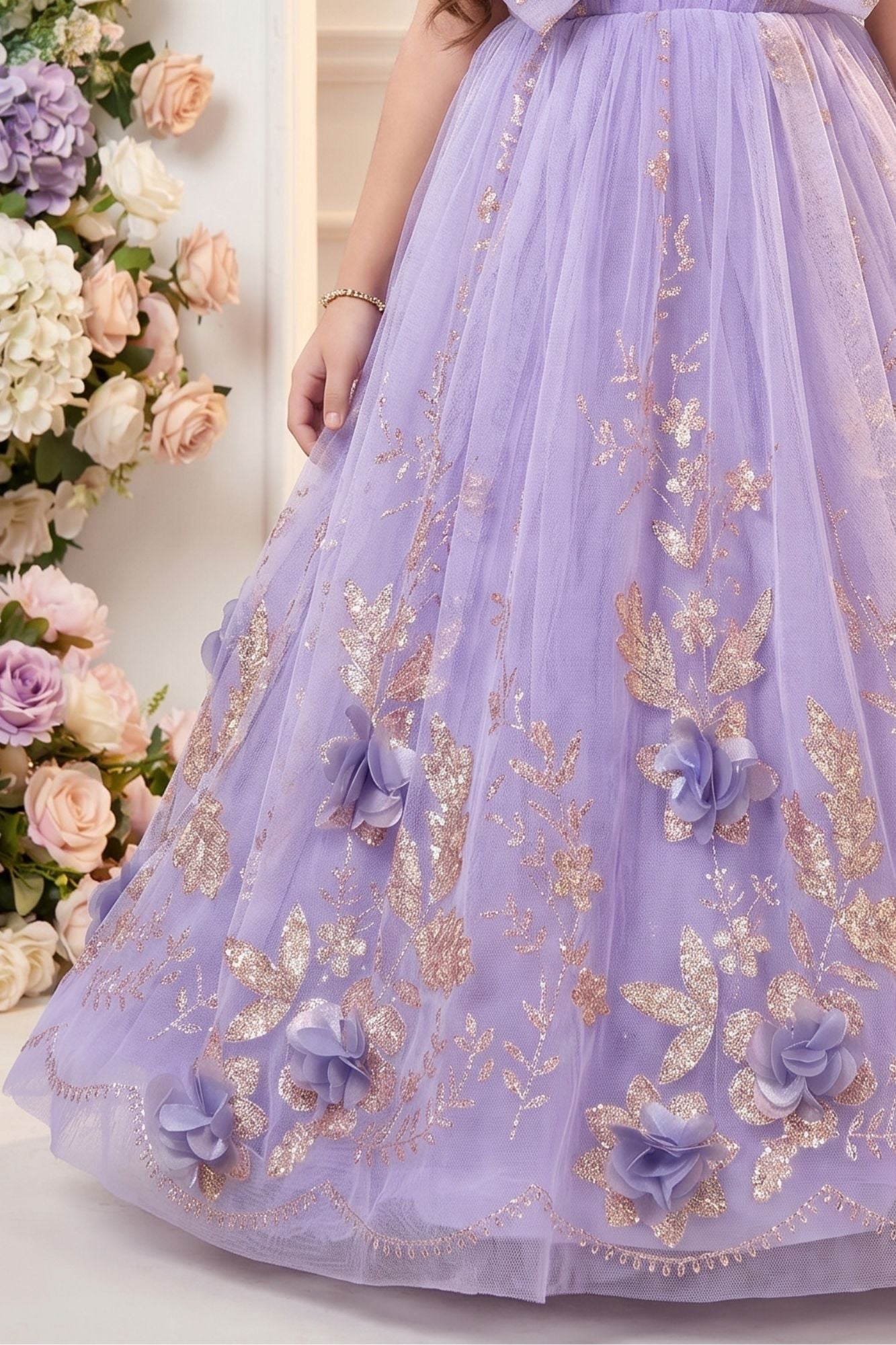 Purple Ball Gown with Oversized Rosette Bow And 3D Floral Applique For Girls