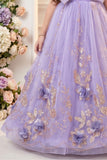 Purple Ball Gown with Oversized Rosette Bow And 3D Floral Applique For Girls
