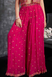 Luxe Rani Pink Sequins Work With Thread Embroidered Palazzo Set With Overcoat For Girls