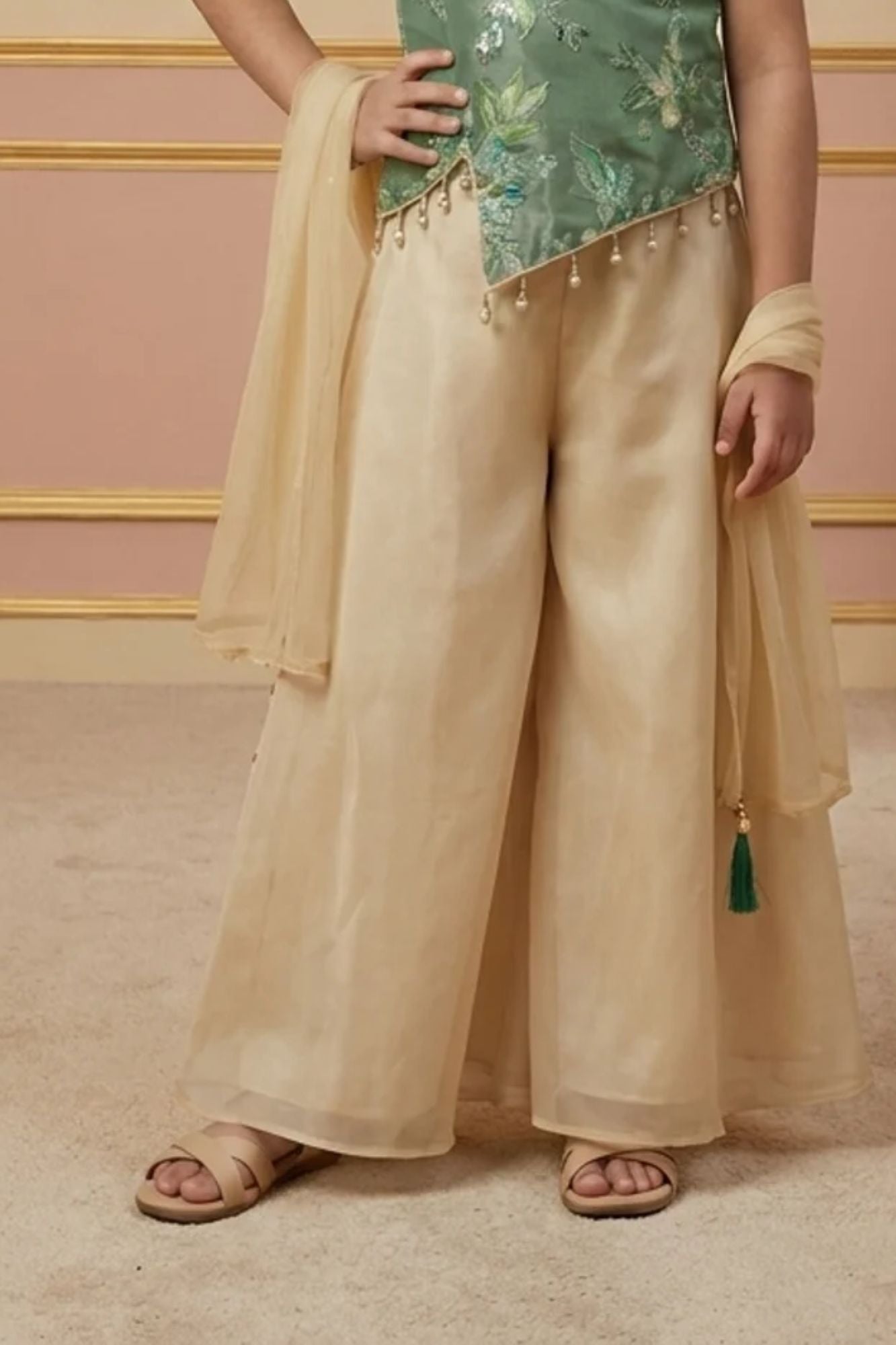 Green Embroidered Top with Ivory Palazzo Set And Dupatta For Girls