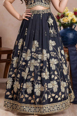 Navy Blue Sequin Work And Zari Embroidery Lehenga Choli Set For Girls