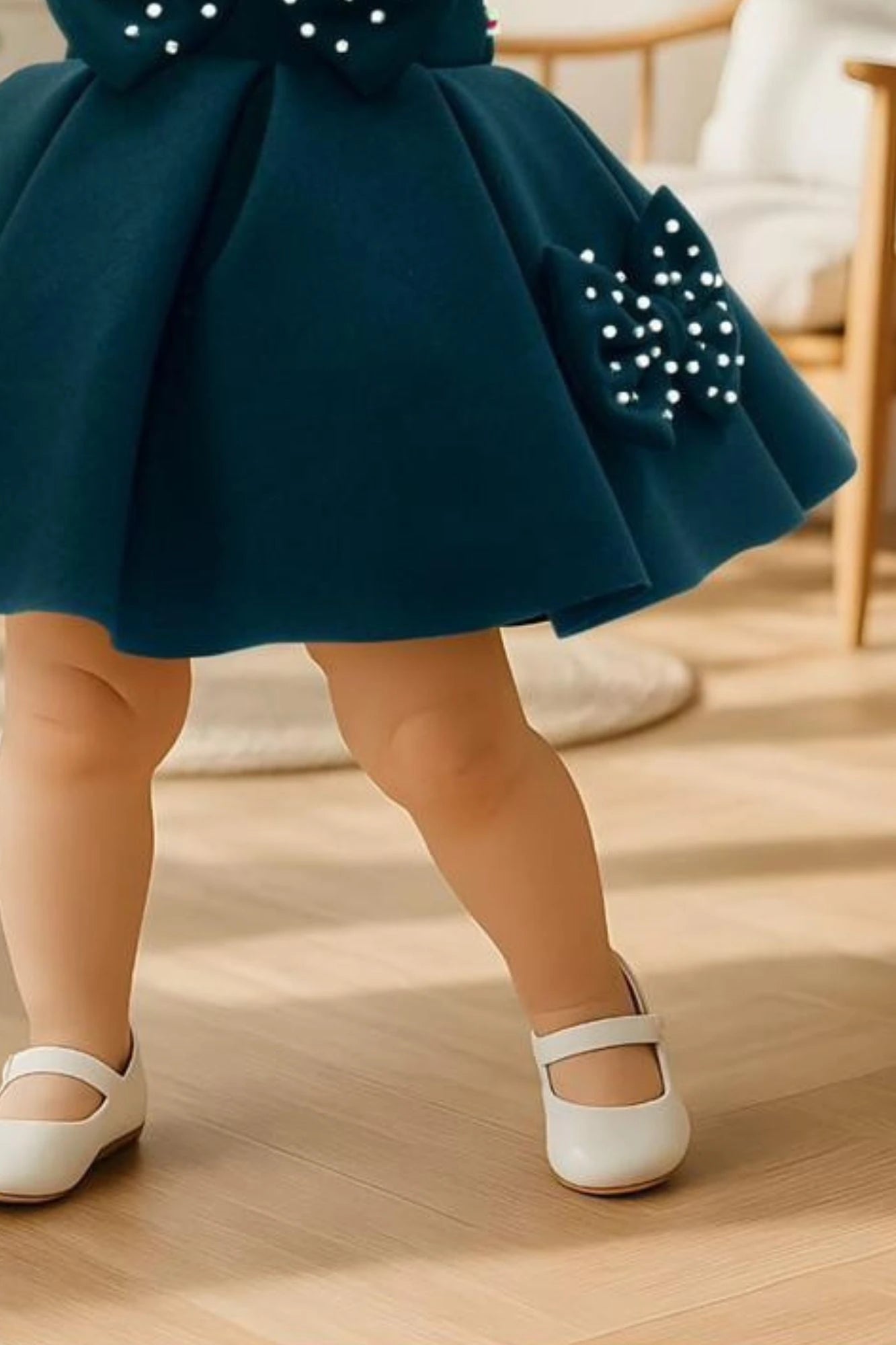 Bottle Green Party Frock With Pearl-Studded Bows For Girls