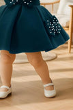 Bottle Green Party Frock With Pearl-Studded Bows For Girls