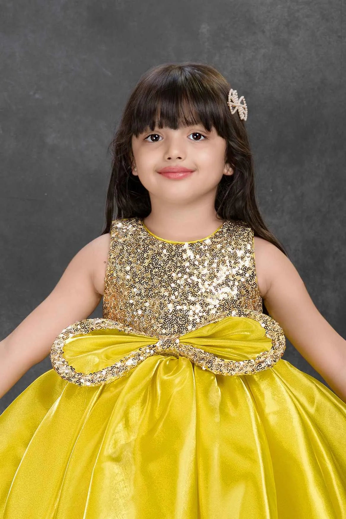 Yellow Sparkle Embellished Party Frock For Girls