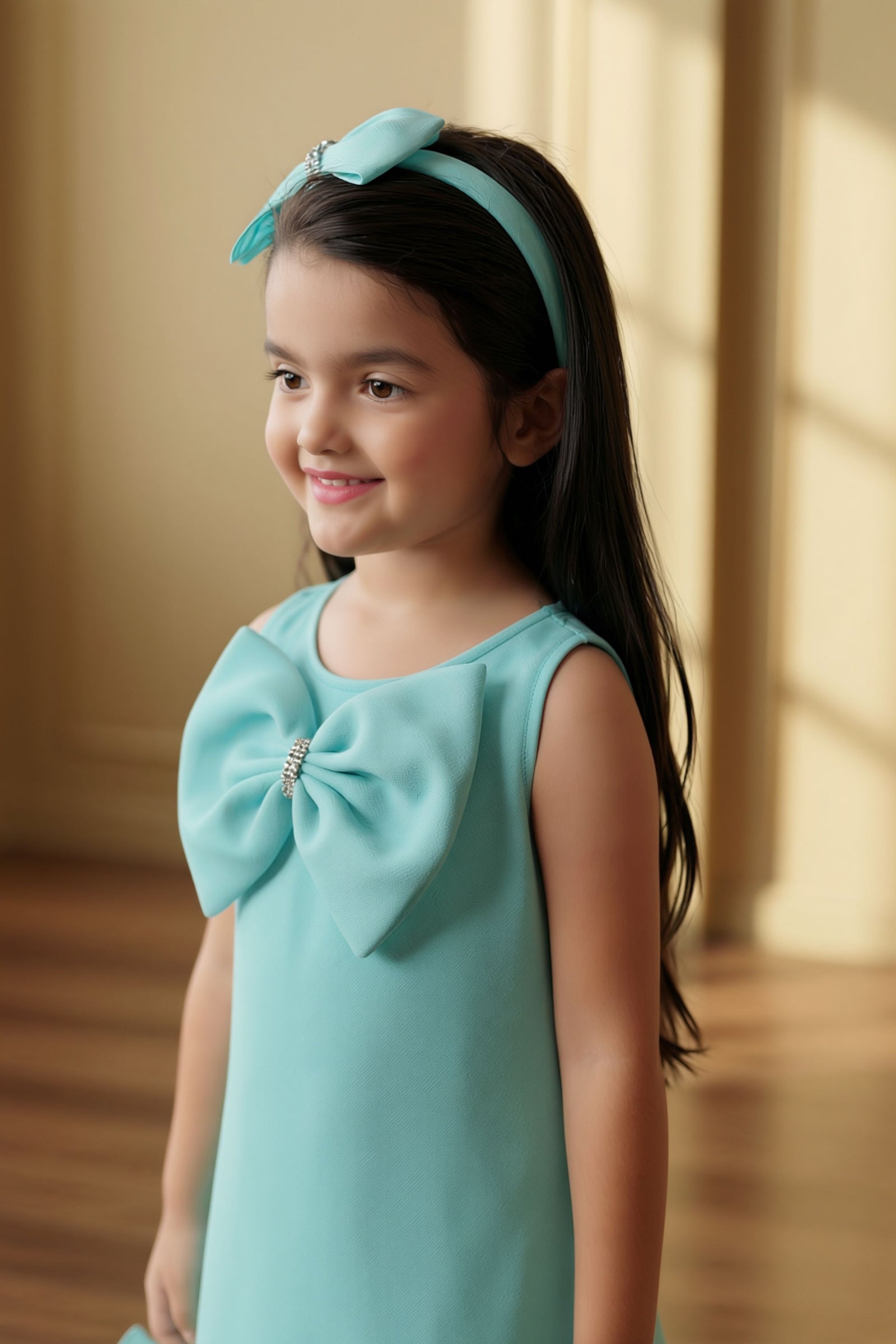 Girls Sky Blue Party Dress with Statement Bow And Ruffle Hemline