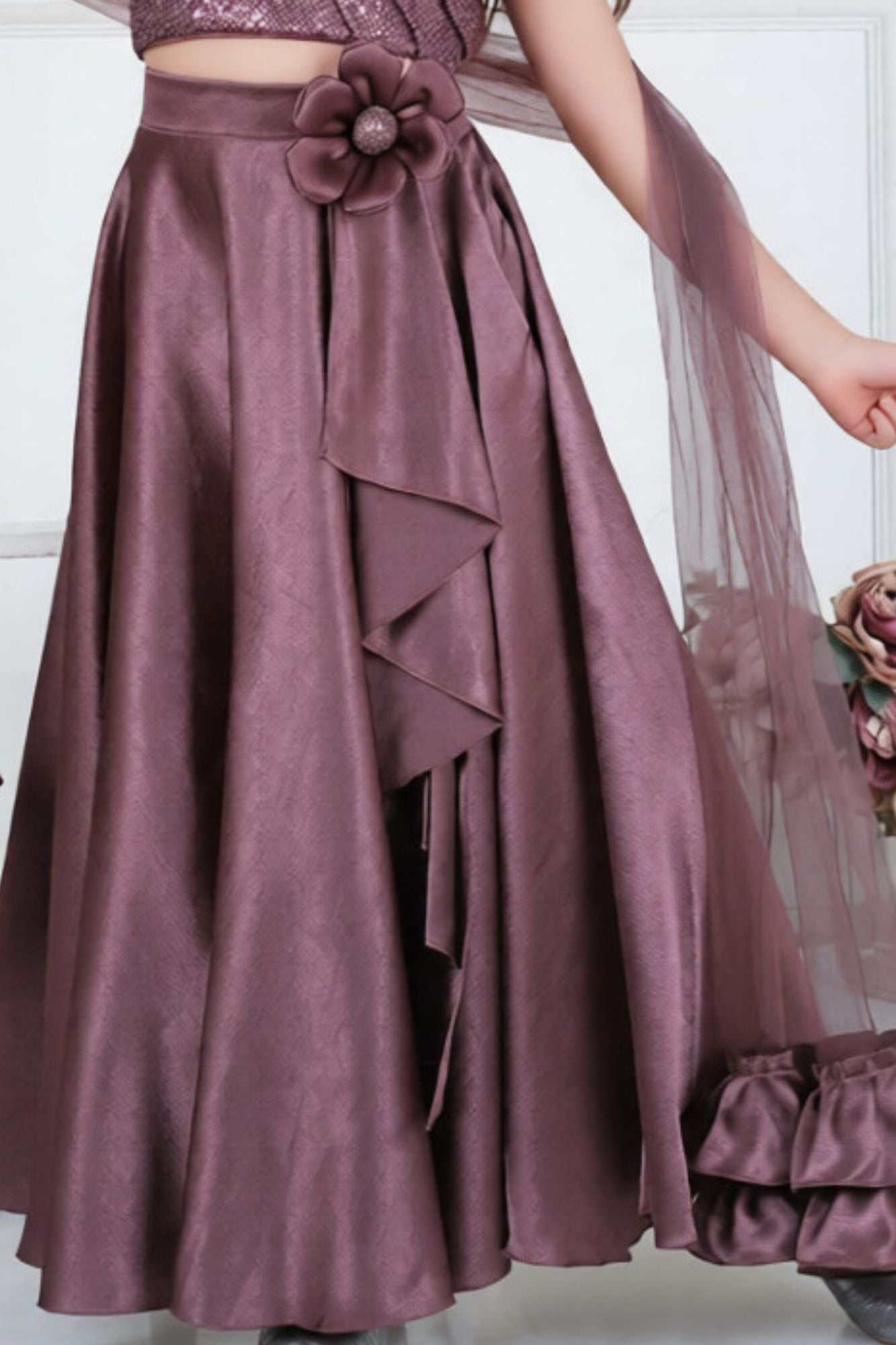 Mauve Sequin One-Shoulder Lehenga Set For Girls