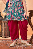 Teal blue And Red Printed And Sequin Top With Dhoti Bottom Set For Girls