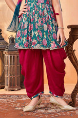 Teal blue And Red Printed And Sequin Top With Dhoti Bottom Set For Girls