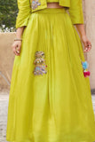 Lime Green Embroidered Lehenga Choli With Jacket For Girls