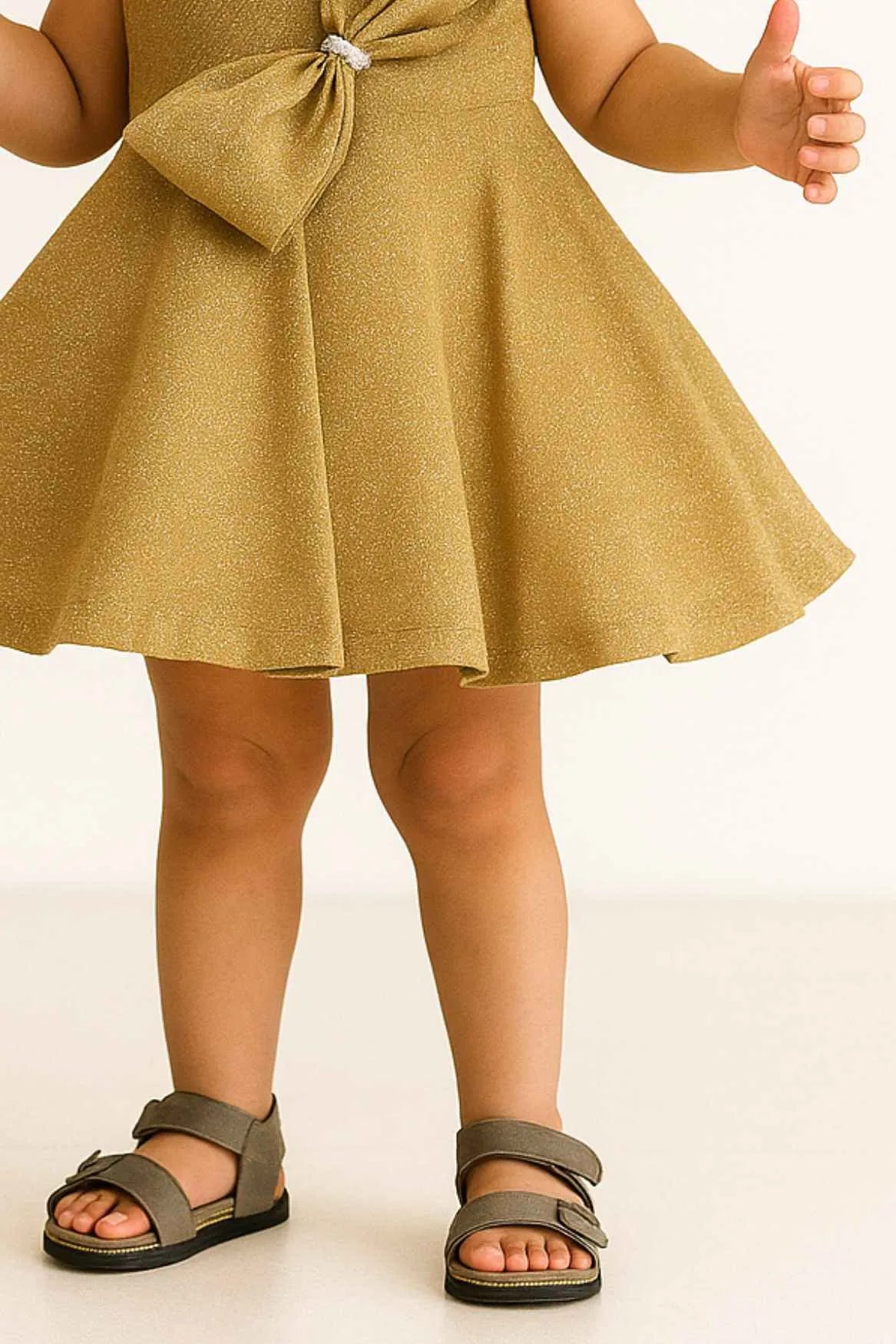 Gold Shimmer Party Dress With Oversized Bow For Girls