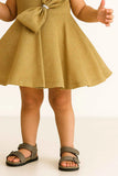 Gold Shimmer Party Dress With Oversized Bow For Girls