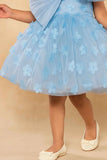 Blue 3D Floral Embellishments Party Wear Frock For Girls