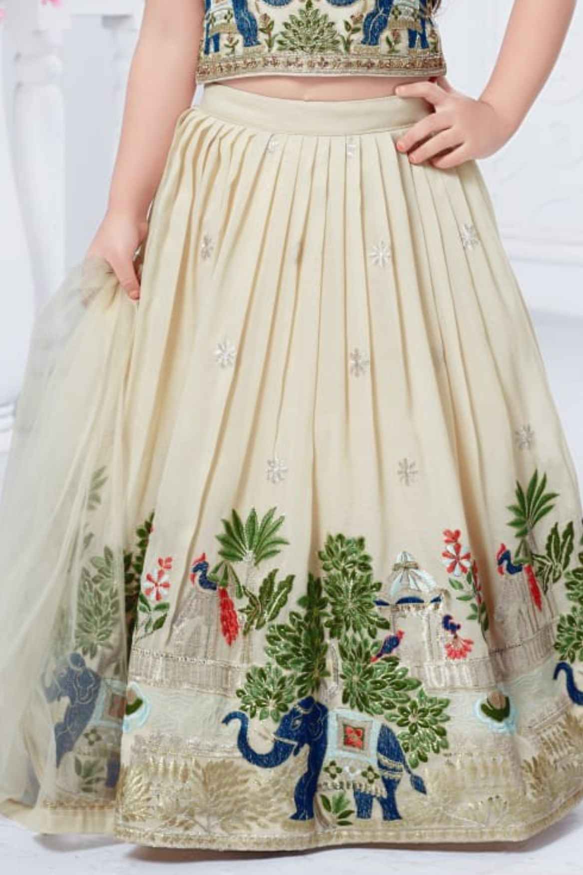Cream Thread Embroidered Lehenga Choli Set For Girls