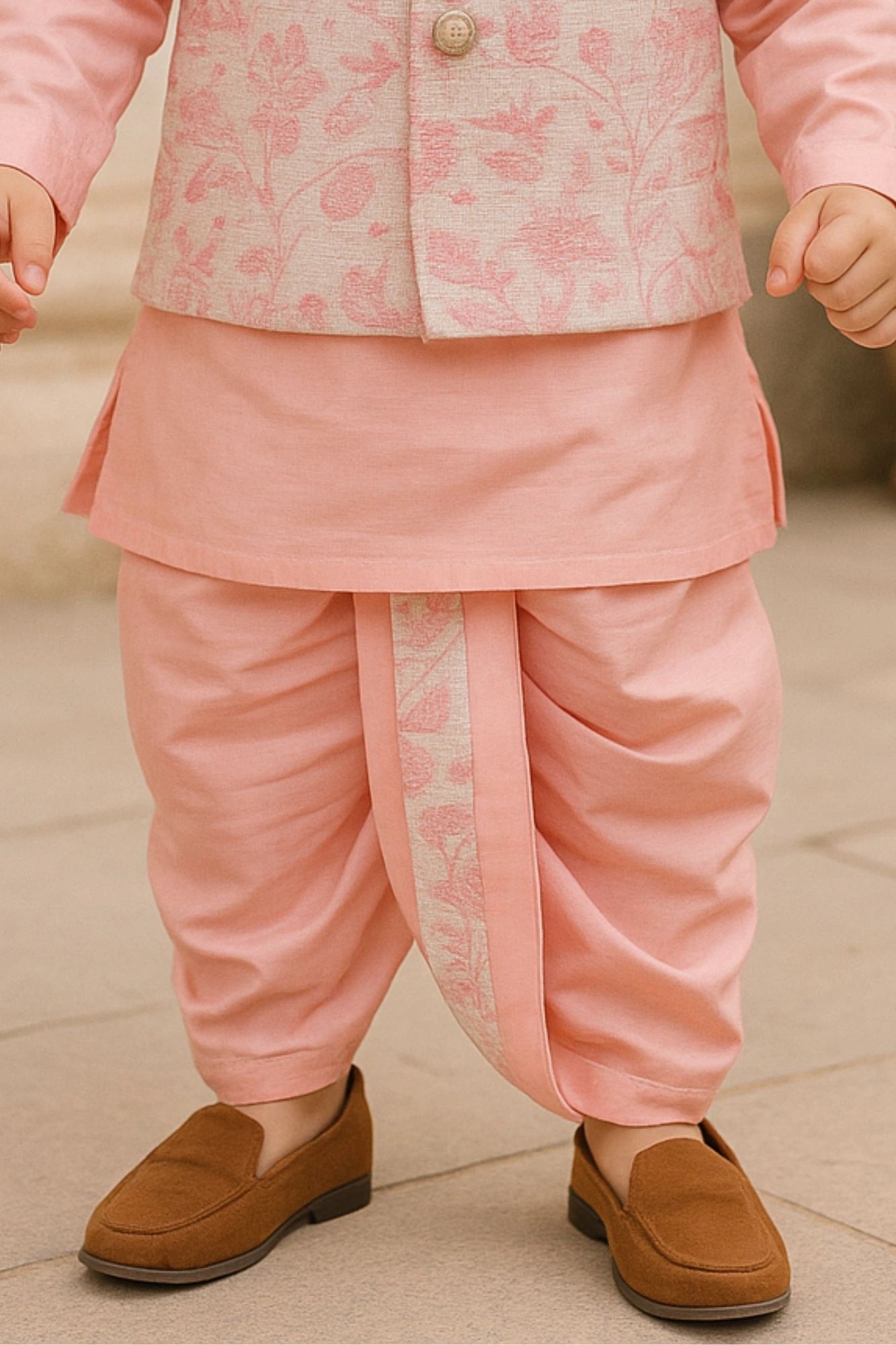 Baby Pink Dhoti Kurta Set With Sequins Embroidered Nehru Jacket For Boys