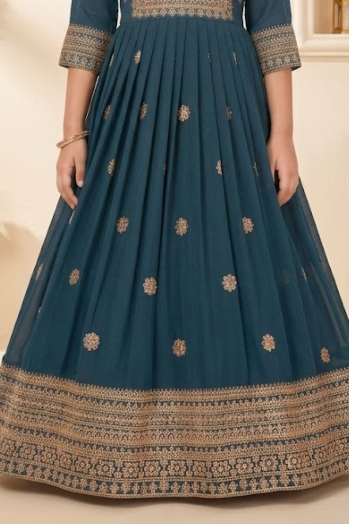 Teal Embroidered Anarkali Ethnic Gown with Dupatta For Girls