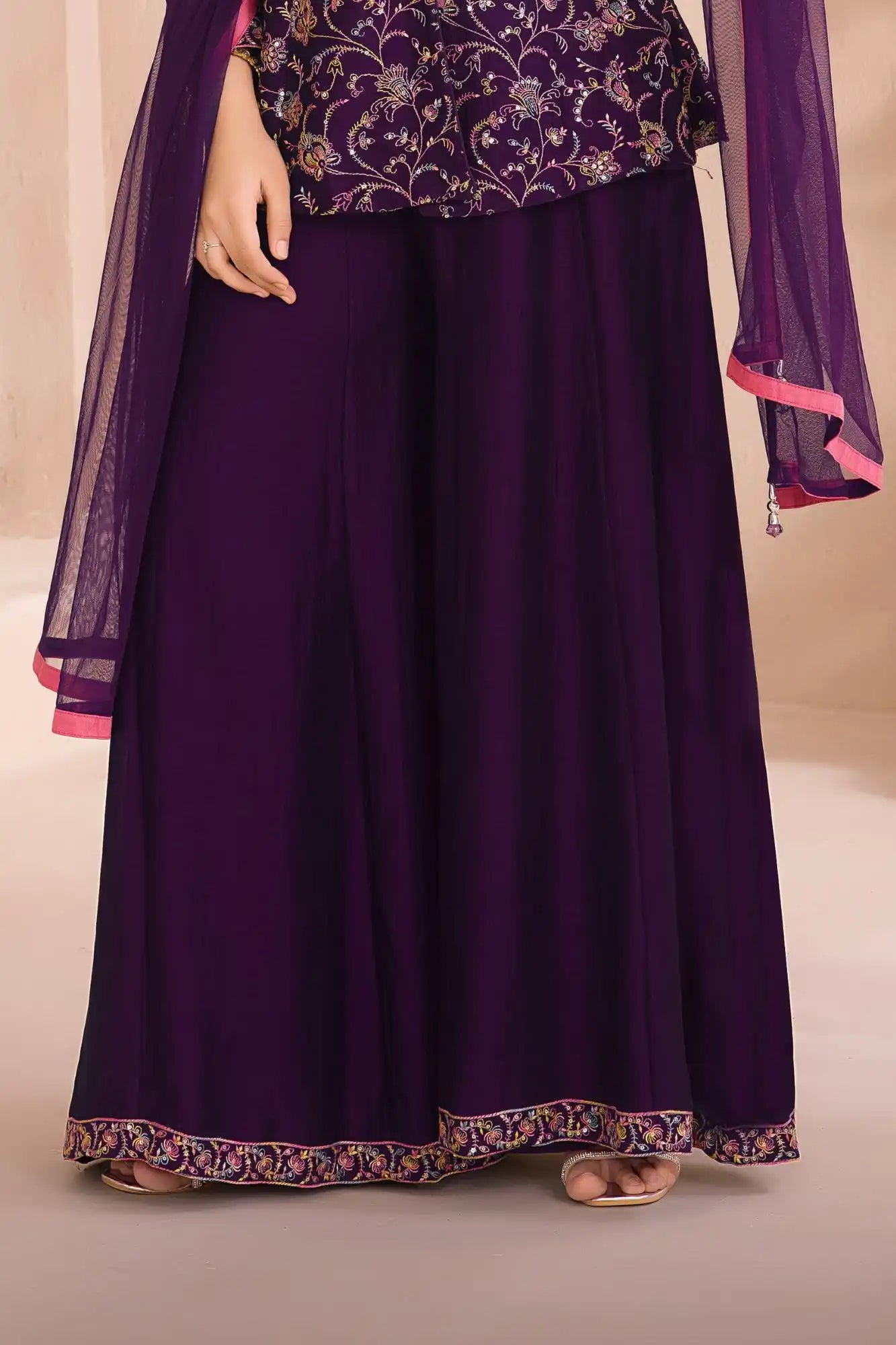 Wine Palazzo Set with Multicolor Floral Embroidered Top And Dupatta for Girls