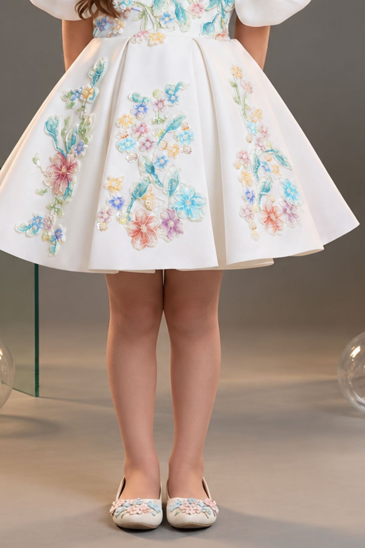 Girls White Floral Embellished Puff Sleeve Party Wear Frock
