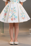 Girls White Floral Embellished Puff Sleeve Party Wear Frock