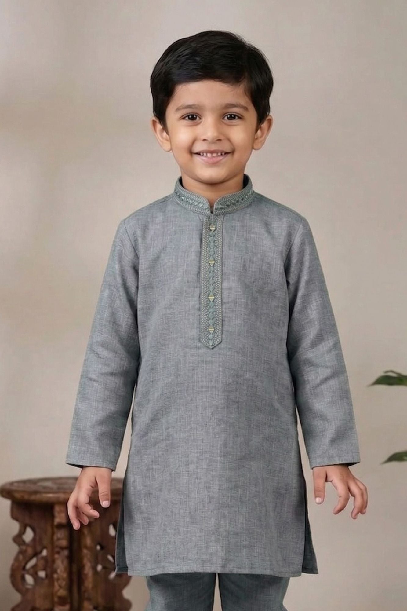 Grey Embroidered Linen Kurta Set For Boys